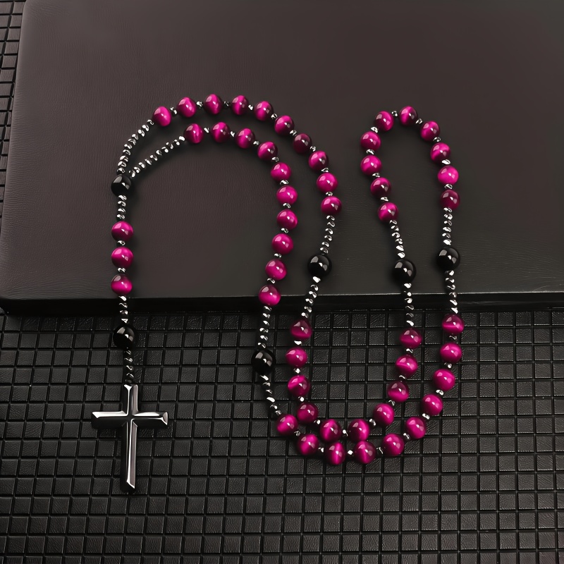 Blue Tiger Eye Cross Pendant Necklace, Unisex